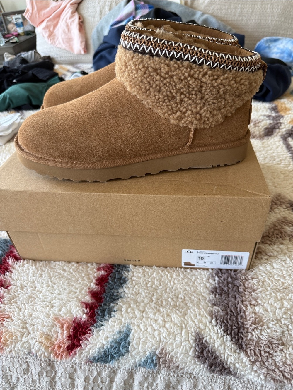 UGG Chestnut Suede Shearling Cuff Ankle Booties